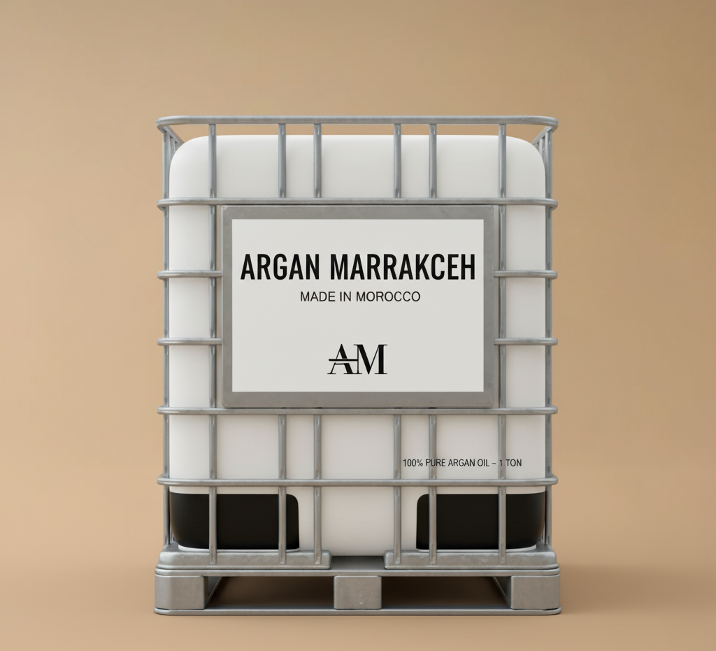 Container with 'Argan Marrakkeh' branding on a beige background