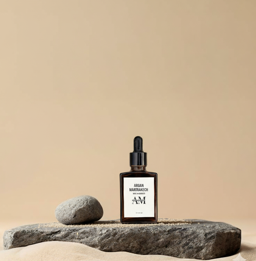 Bottle of Aesop hand sanitizer on a stone with a beige background