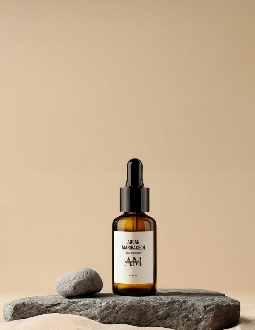 Bottle of Argan Marocain on a stone platform with a beige background