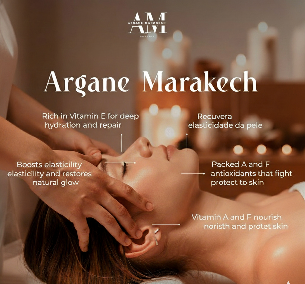 Massage therapy session with Argane Marakech branding and product benefits highlighted.