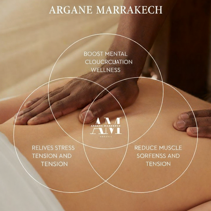 Person receiving a massage with text highlighting benefits of Argane Marrakech massage services.