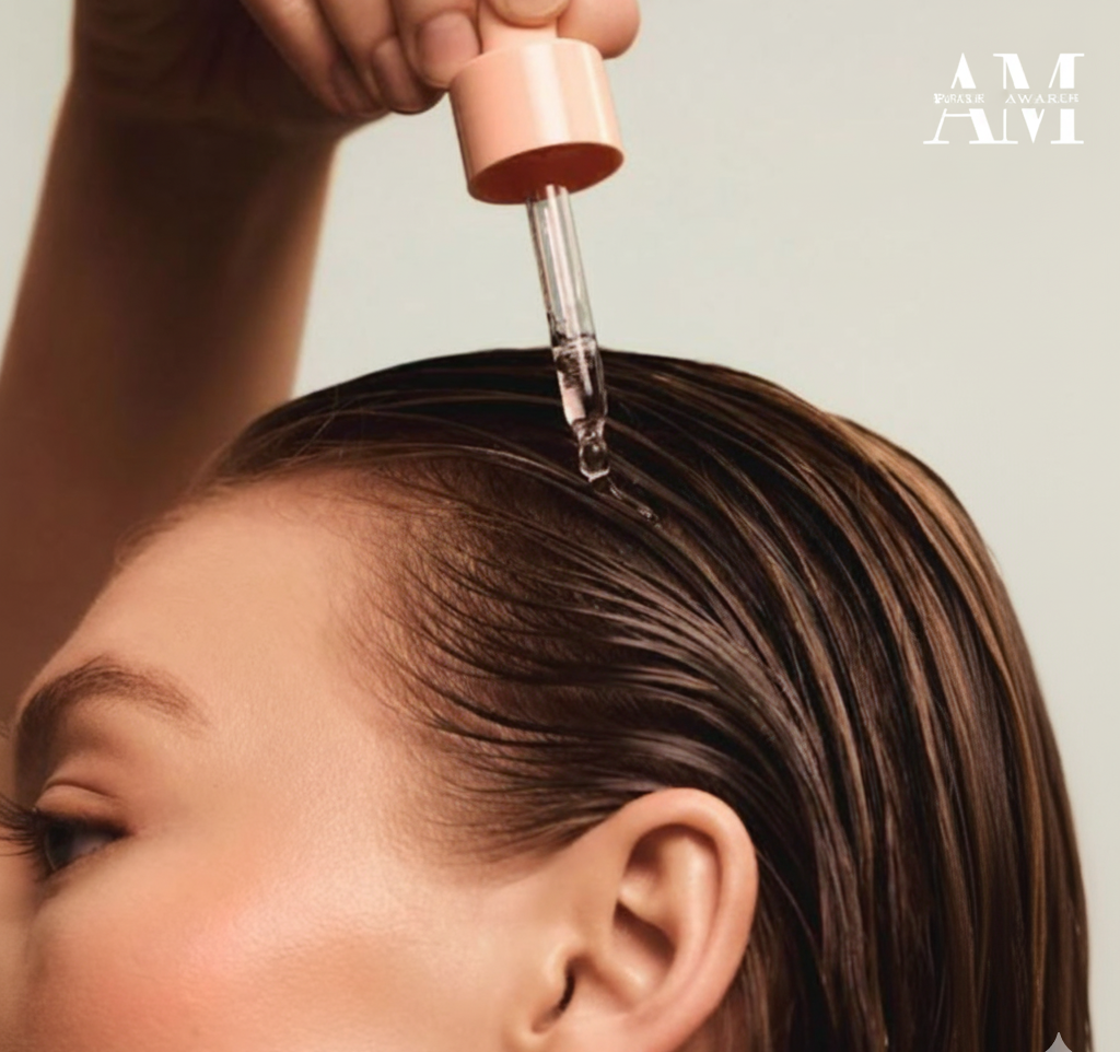 Person applying a dropper of liquid to their hair, with a neutral background